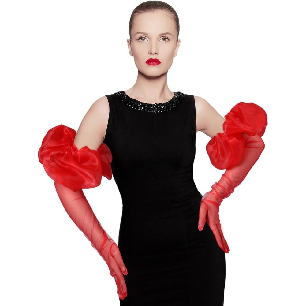 Women's Red Long Puff Tulle Sleeve Gloves Design Sheer Mesh Cocktail Party Prom